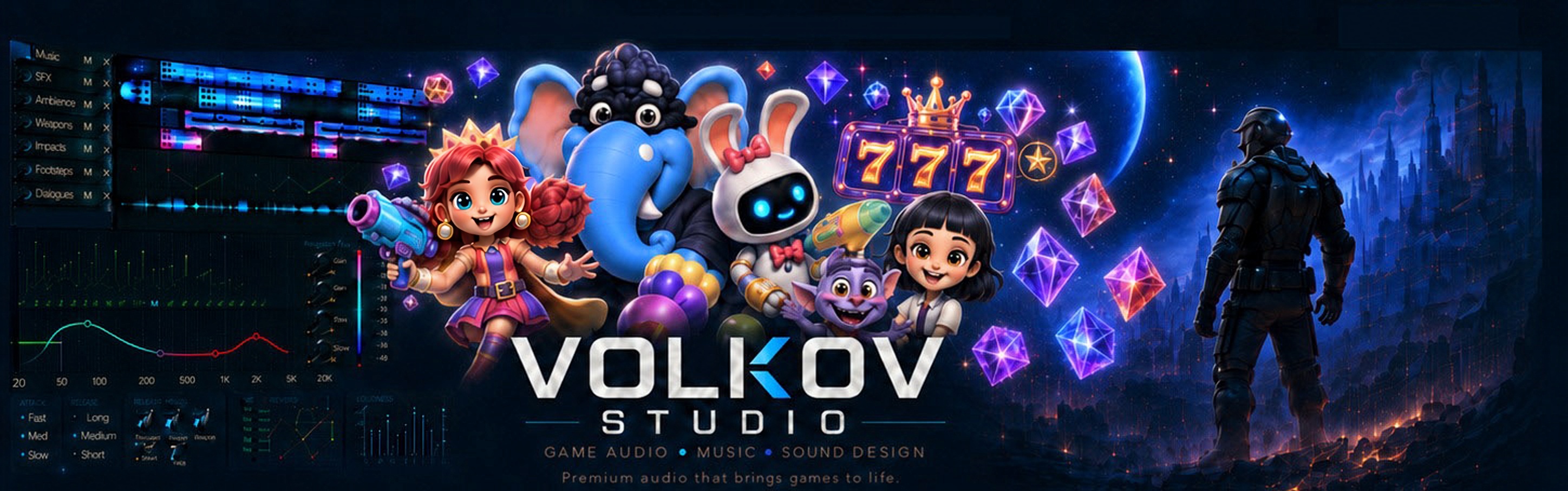 Volkov Studio game audio hero artwork with game characters, audio interface and sci-fi scene